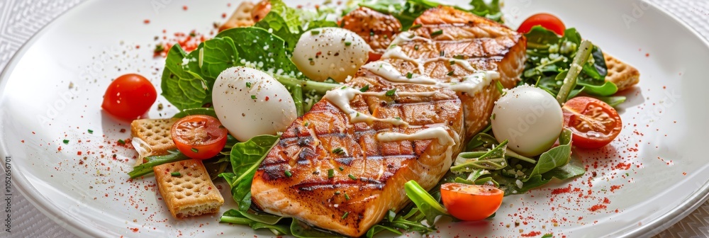 Caesar Salad with Grilled Salmon, Red Fish Fillet Salat, Quail Egg, Mini Baguette Crackers Caesar Salad with Grilled Salmon, Red Fish Fillet Salat, Quail Egg, Mini Baguette Crackers