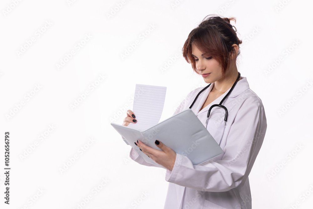 A doctor is reviewing patient records with strong focus and attention to detail A doctor is reviewing patient records with strong focus and attention to detail