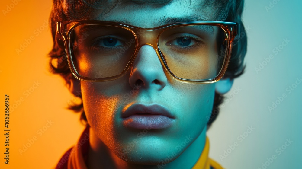 portrait of a young man with 80s styles with colorful lights in the background portrait of a young man with 80s styles with colorful lights in the background