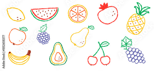 Set of hand drawn chalk fruit illustrations. Childish doodles of apple, pineapple and grapes with colored outline. Sloppy pencil icons in children's style