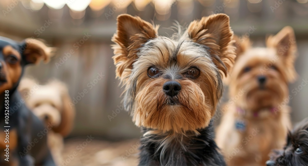 Portrait of a Yorkshire Terrier standing outdoors with a focused gaze, surrounded by natural elements and other dogs, capturing attention and leadership essence. Portrait of a Yorkshire Terrier standing outdoors with a focused gaze, surrounded by natural elements and other dogs, capturing attention and leadership essence.