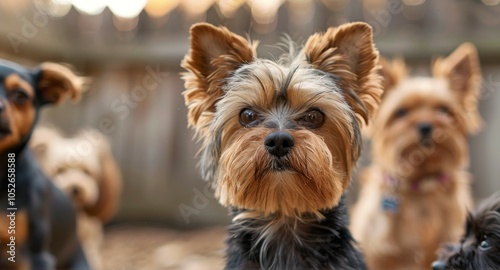 Portrait of a Yorkshire Terrier standing outdoors with a focused gaze, surrounded by natural elements and other dogs, capturing attention and leadership essence.