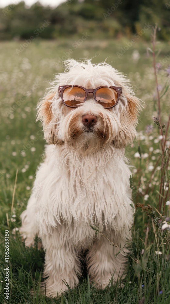Fluffy Cavapoo dog with sunglasses outdoors in a meadow