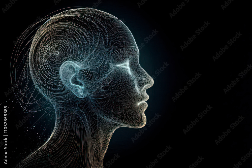 Obraz premium Abstract line of a person's face on a black background. Space for text.