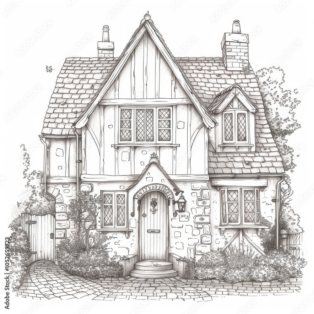 Fototapeta premium Vintage English House, Coloring Book, Drawing Imitation, Abstract Generative AI Illustration