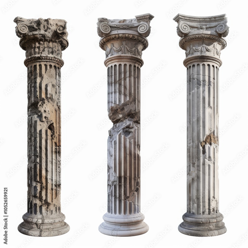 Stone Pillars Set Isolated, Old Roman Columns, Marble Greek Pillar, Rome Greece Architecture Stone Pillars Set Isolated, Old Roman Columns, Marble Greek Pillar, Rome Greece Architecture