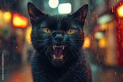 Black Cat with Bared Teeth and Angry Expression, Set Against a Blurred City Street at Night, Hyper-Realistic High-Resolution Photograph

 photo