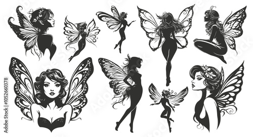 Fairy set. Full length and portrait black silhouettes. Beautiful young woman with pretty fairy wings. Magic tales princess fantasy pixie female character. Pin up style isolated vector clipart