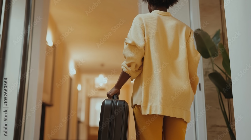 Obraz premium A traveler with a suitcase walks through a hotel corridor during evening hours in a cozy ambiance