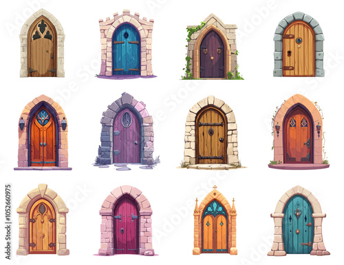 Fairytale medieval door set. Old castle wooden gate ancient city entrance Stone arch metral decorative elements. Exterior portals stone doorways. Cartoon style isolated vector clipart collection