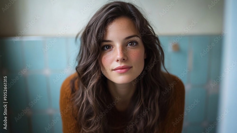 Portrait of a young woman with long brown hair, looking at the camera with a soft expression. Portrait of a young woman with long brown hair, looking at the camera with a soft expression.