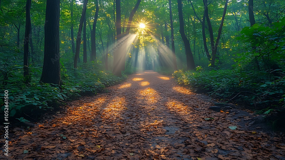 Naklejka premium Sunbeams illuminate a path through a misty forest, casting long shadows on the ground.