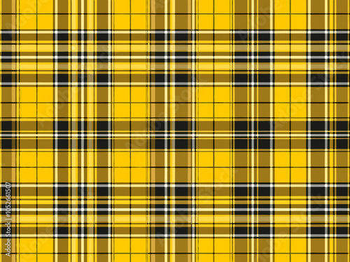 Bright yellow plaid fabric with black and white stripes for sewing and crafting projects in natural light