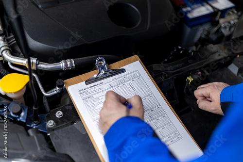 Mechanic reviewing maintenance logs while inspecting a vehicle’s engine in an auto workshop during daylight hours photo