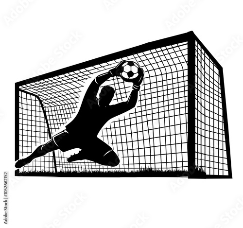 Goalkeeper in front of goal blocks the soccer,  football goalkeeper silhouette