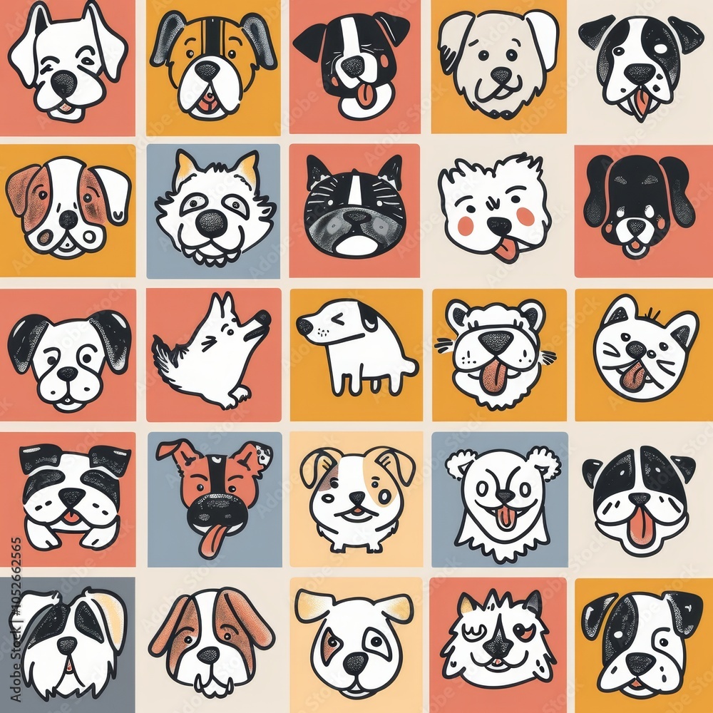 Fototapeta premium Dogs Doodle Set, Pet Animal Symbols, Hand Drawn Puppy Icons Silhouettes, Sketched Dog Character