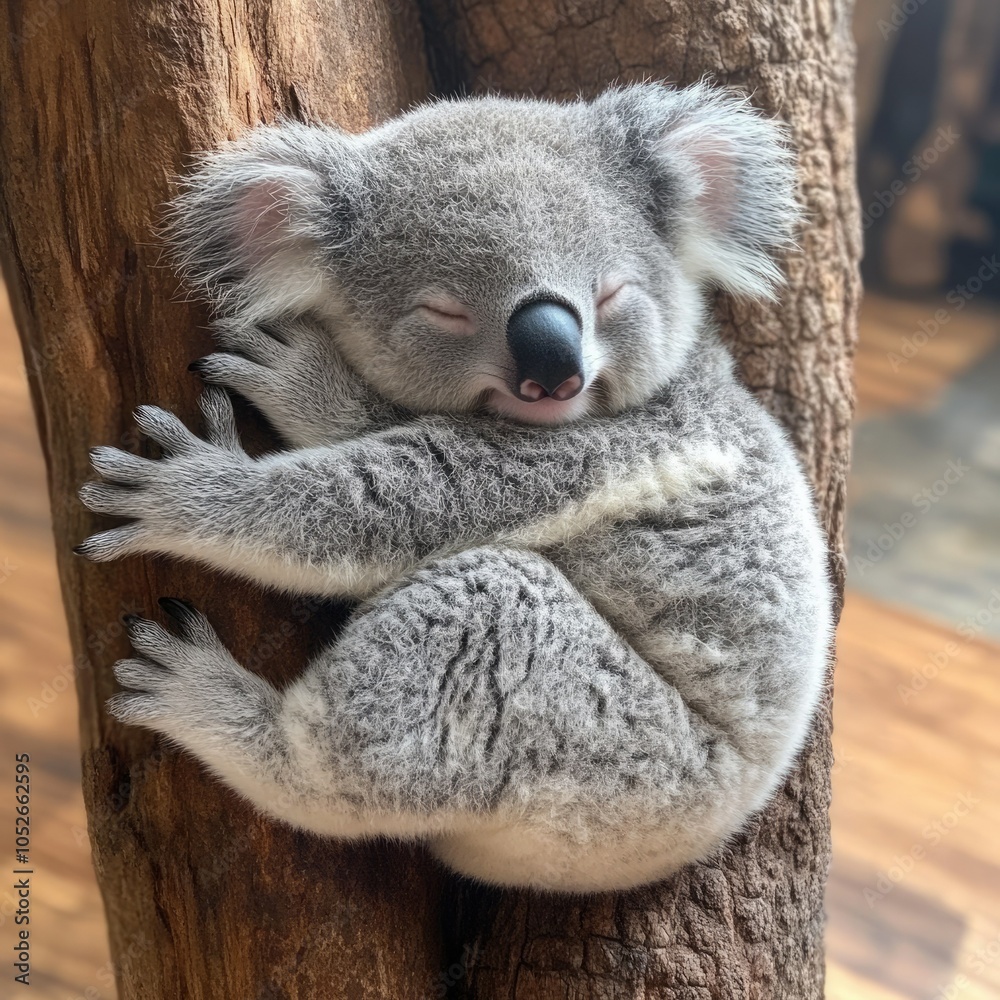 Obraz premium Cute koala sleeping peacefully while hugging a tree trunk in a cozy indoor environment