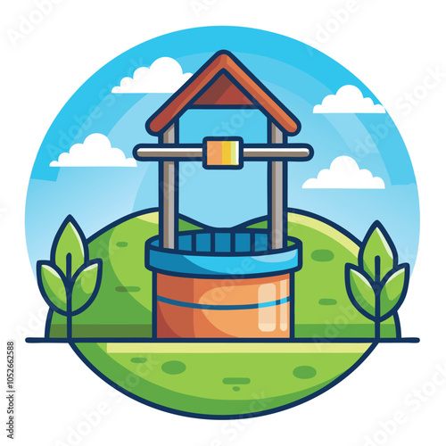 A well with a wooden cover in a field.