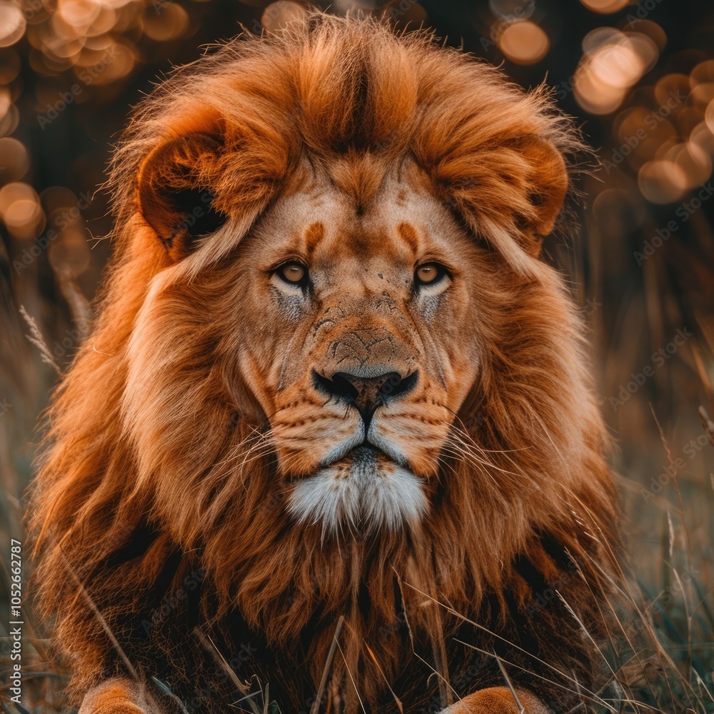 Majestic lion resting in tall grass during golden hour in an African savannah setting Majestic lion resting in tall grass during golden hour in an African savannah setting