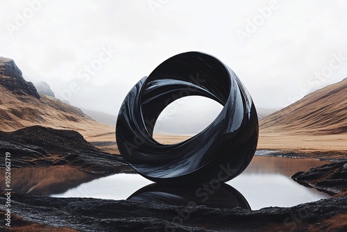 Black Sculpture in a Serene Mountain Valley
