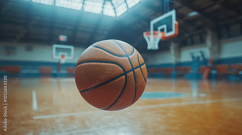 Basketball Suspended Above a Blurry Indoor Court Basketball Suspended Above a Blurry Indoor Court
