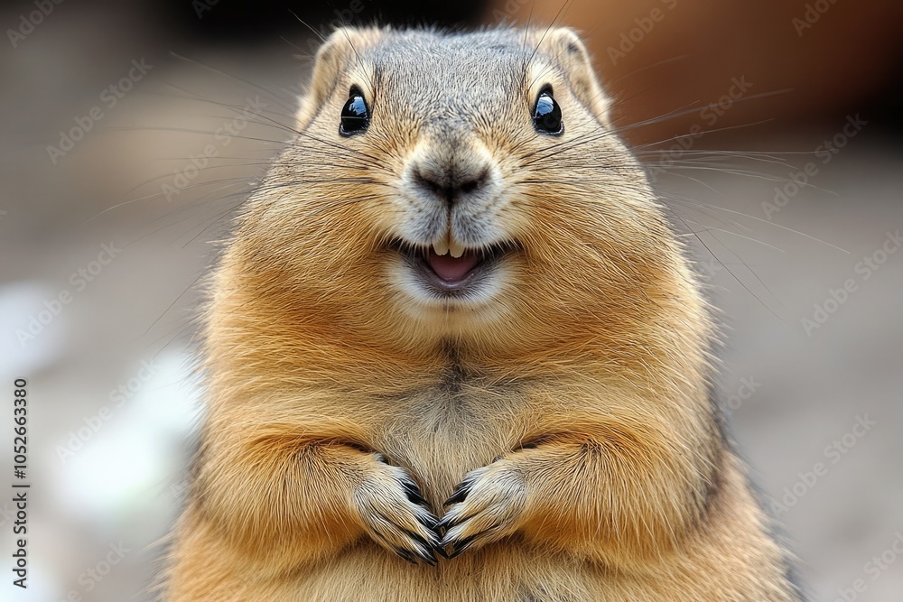 A cheerful prairie dog stands upright, showcasing its bright eyes and friendly demeanor in a park A cheerful prairie dog stands upright, showcasing its bright eyes and friendly demeanor in a park