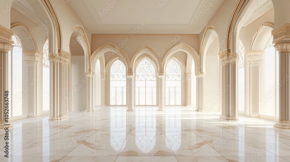 Fototapeta premium Elegant Interior Space with Arched Windows and Marble Flooring