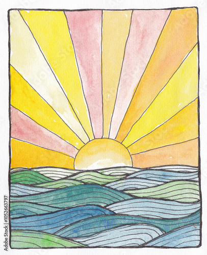 Watercolour image of a sunset over the sea