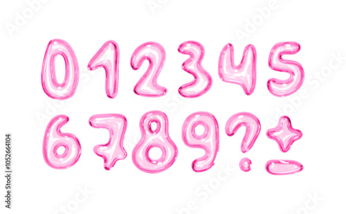 Set of shiny pink bubble style numbers and symbols on white background. Playful glossy digits ranging from 0 to 9, additional punctuation marks. Realistic 3d design. Vector illustration
