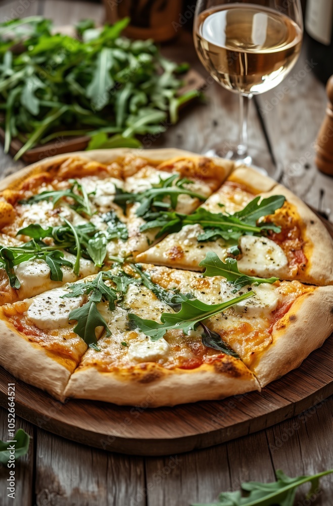 A pizza with cheese and spinach on it sits on a wooden board