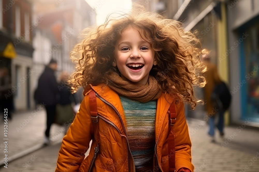 Portrait of cute little girl with curly hair in the city. Portrait of cute little girl with curly hair in the city.