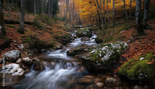 A stream of water flows through a forest with rocks and fallen leaves
