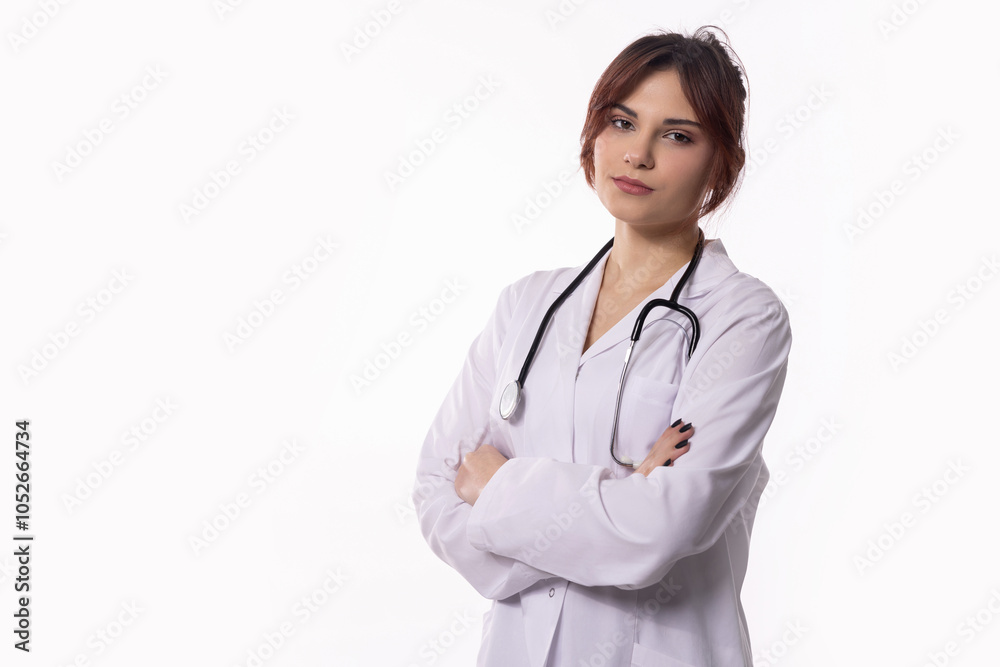 Confident Female Doctor Wearing a White Coat and Holding a Stethoscope, Ready to Help Confident Female Doctor Wearing a White Coat and Holding a Stethoscope, Ready to Help