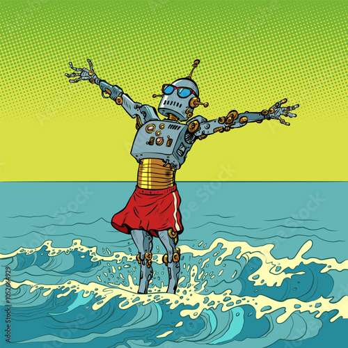 Freedom of artificial intelligence. Robot spreads its arms in the ocean. Summer applications for the phone.