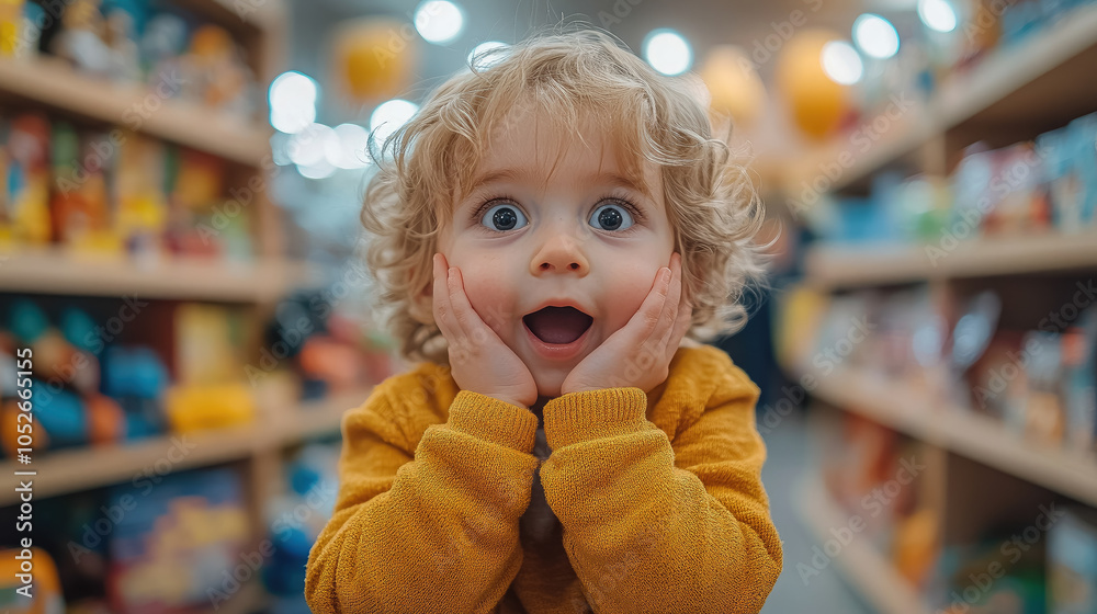Surprised delighted face of a child against the background of shelves with many toys. Boy in a toy store. Emotional portrait of a kid. Childhood.