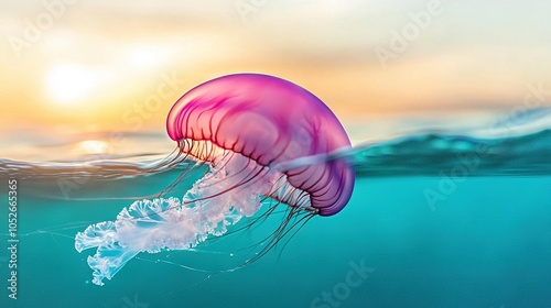   A jellyfish swims in the ocean as the sun sets behind its head photo