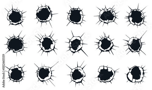 Gunshot holes set. Shooting cracked bulet holes marks on the wall with ripped edges. Damage destruction target shoot sports training. Black and white simple flat style. Isolated vector on white