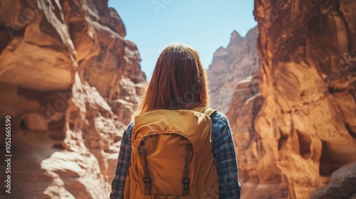 Adventurous Woman Exploring Rocky Canyon with Yellow Backpack