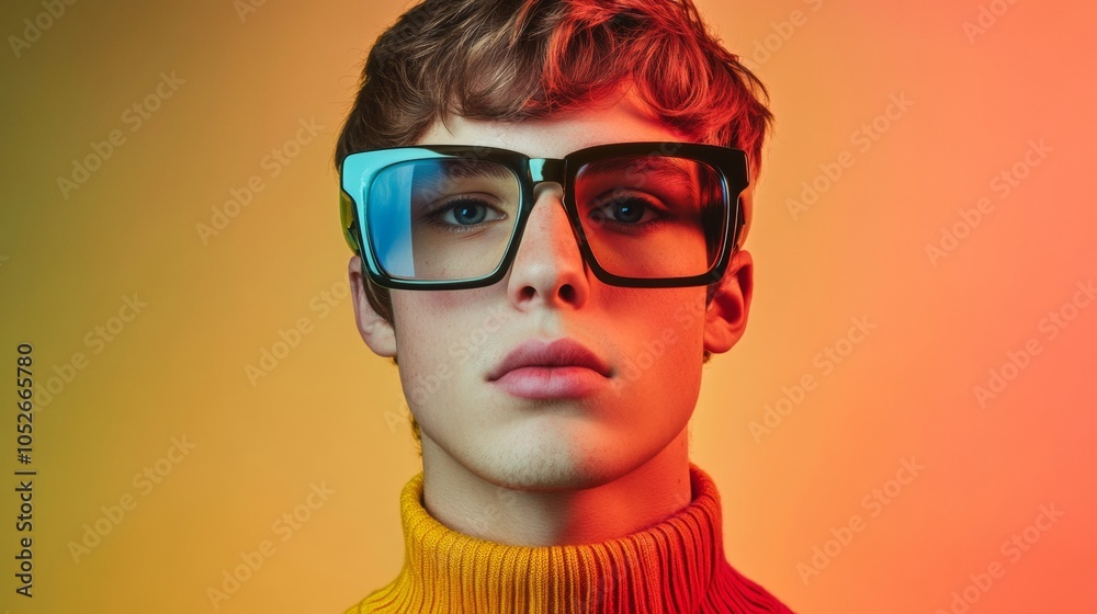 portrait of a young man with 80s styles with colorful lights in the background