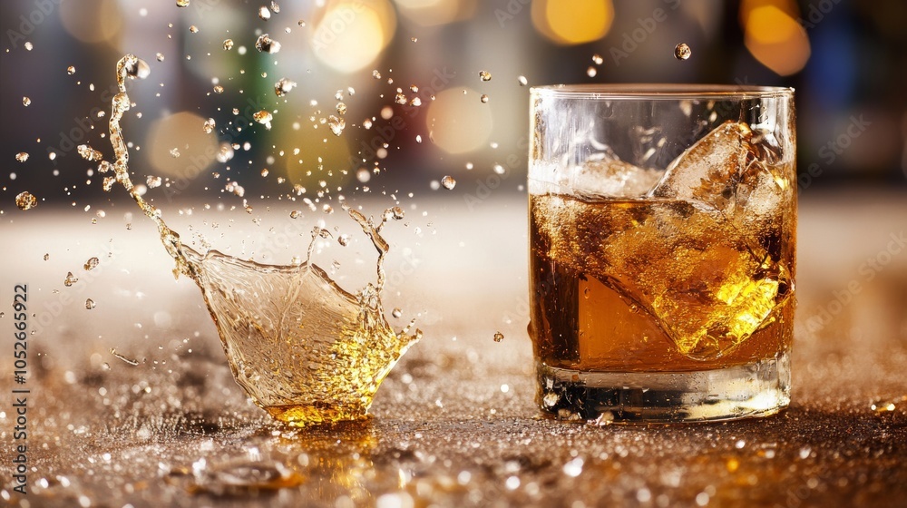 A dynamic scene of whiskey splashes as ice cubes collide with perfection in a glass, freezing the exhilarating motion and spirit of social enjoyment. A dynamic scene of whiskey splashes as ice cubes collide with perfection in a glass, freezing the exhilarating motion and spirit of social enjoyment.