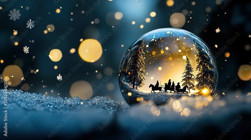 A snow globe featuring a group of individuals aboard a sled amidst a winter wonderland A snow globe featuring a group of individuals aboard a sled amidst a winter wonderland