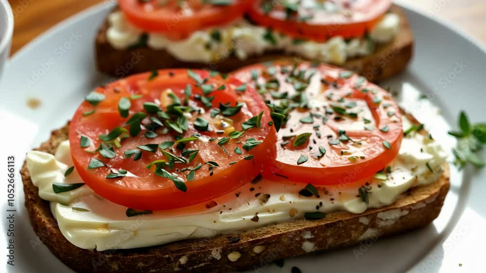 A simple open-faced tomato and cream cheese sandwich, perfect for a light lunch A simple open-faced tomato and cream cheese sandwich, perfect for a light lunch