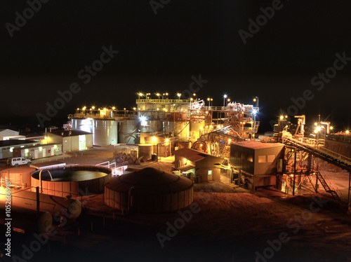Gold mine processing plant at night