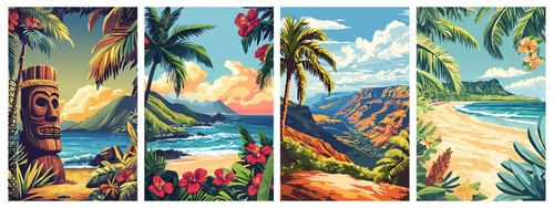 Hawaiian vertical poster set. Waimea Canyon Waikiki Beach. Tribal tiki mask local plants and flowers ocean view. Banner social media template design. Travel journey tourism holiday.Cartoon style