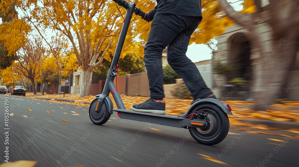 man riding an electric scooter on the street, emphasizing clean energy and sustainable transportation that is friendly to the environment
