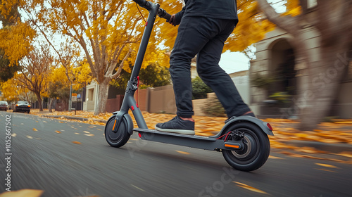 Obraz na płótnie man riding an electric scooter on the street, emphasizing clean energy and sustainable transportation that is friendly to the environment w salonie