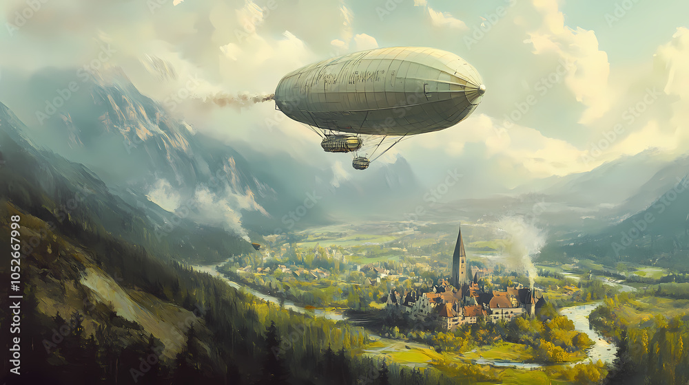 Airship engine softly humming as it floats above a picturesque valley, tethered to a grand gondola. Floating Airship. Illustration Airship engine softly humming as it floats above a picturesque valley, tethered to a grand gondola. Floating Airship. Illustration