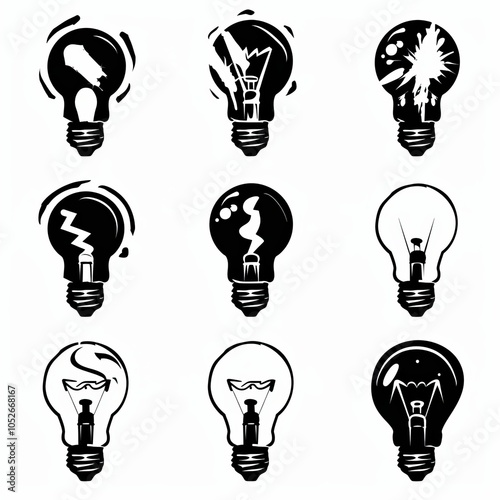 Graffiti light bulbs, black lamp icon silhouettes set, lightbulbs graffiti spray isolated, minimal black and white