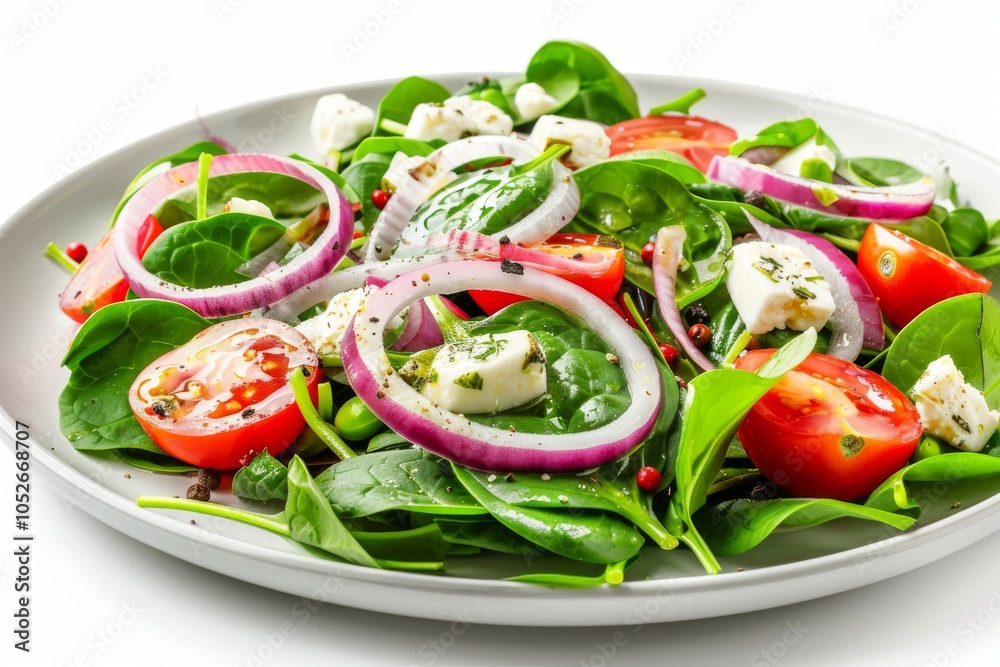 Green Salad with Goat Cheese, Spinach, Tomato, Red Onion Rings Isolated on White Background Green Salad with Goat Cheese, Spinach, Tomato, Red Onion Rings Isolated on White Background