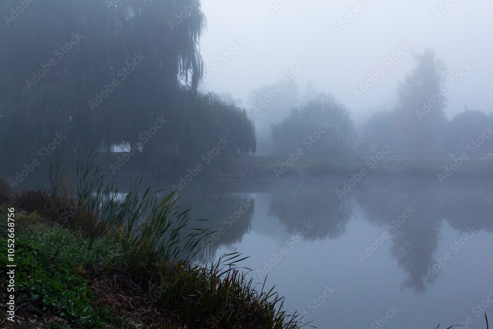 Autumn in Moldova, foggy landscape in the park. Thick fog early in the morning on the lake shore.